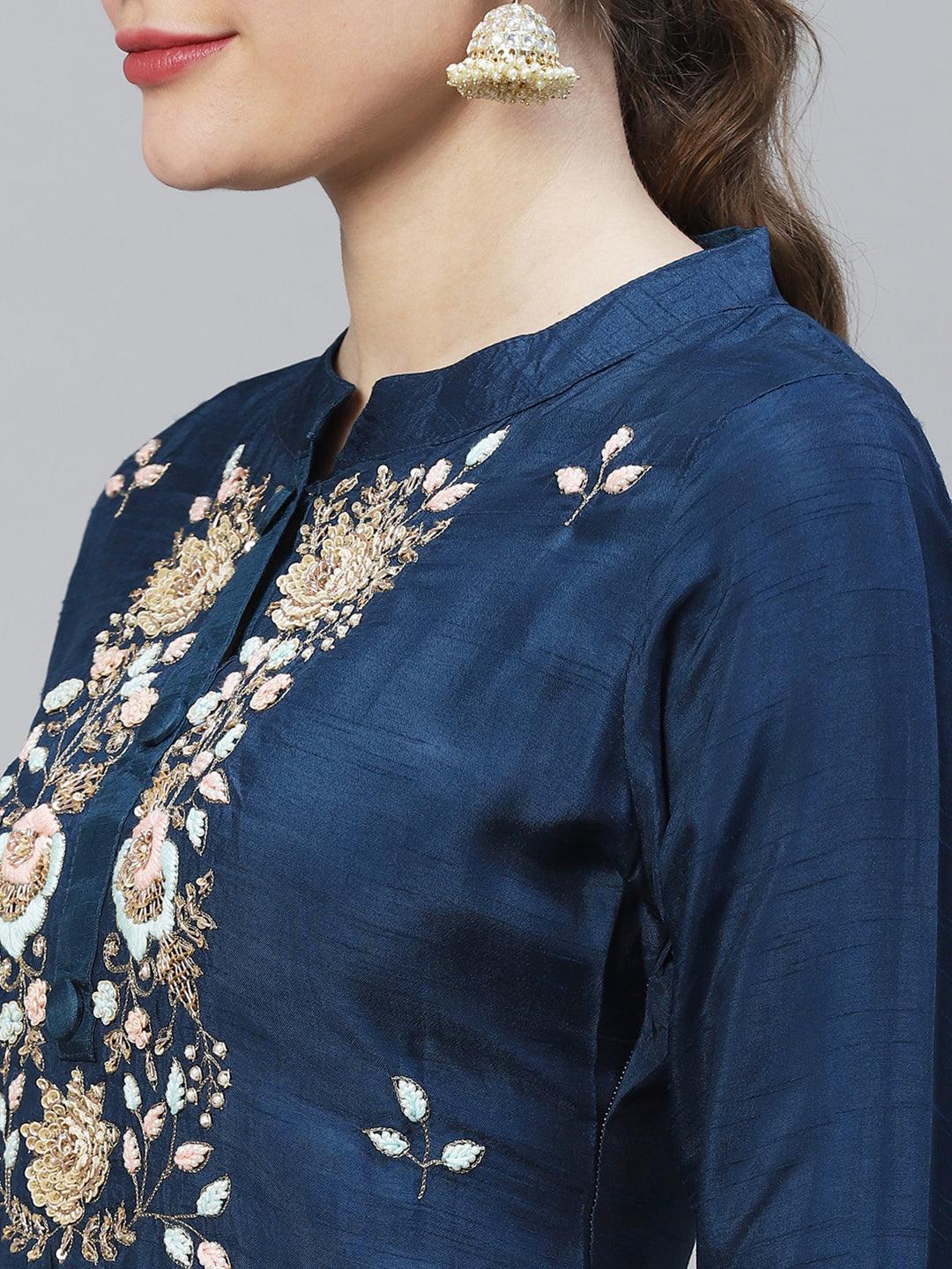 Floral Hand Embroidered Straight Fit Kurta - Teal Blue - Indiakreations