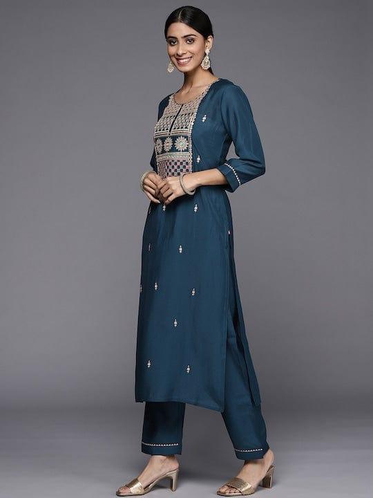 Varanga Women Teal Ethnic Motifs Embroidered Kurta with Trousers & With Dupatta - Indiakreations