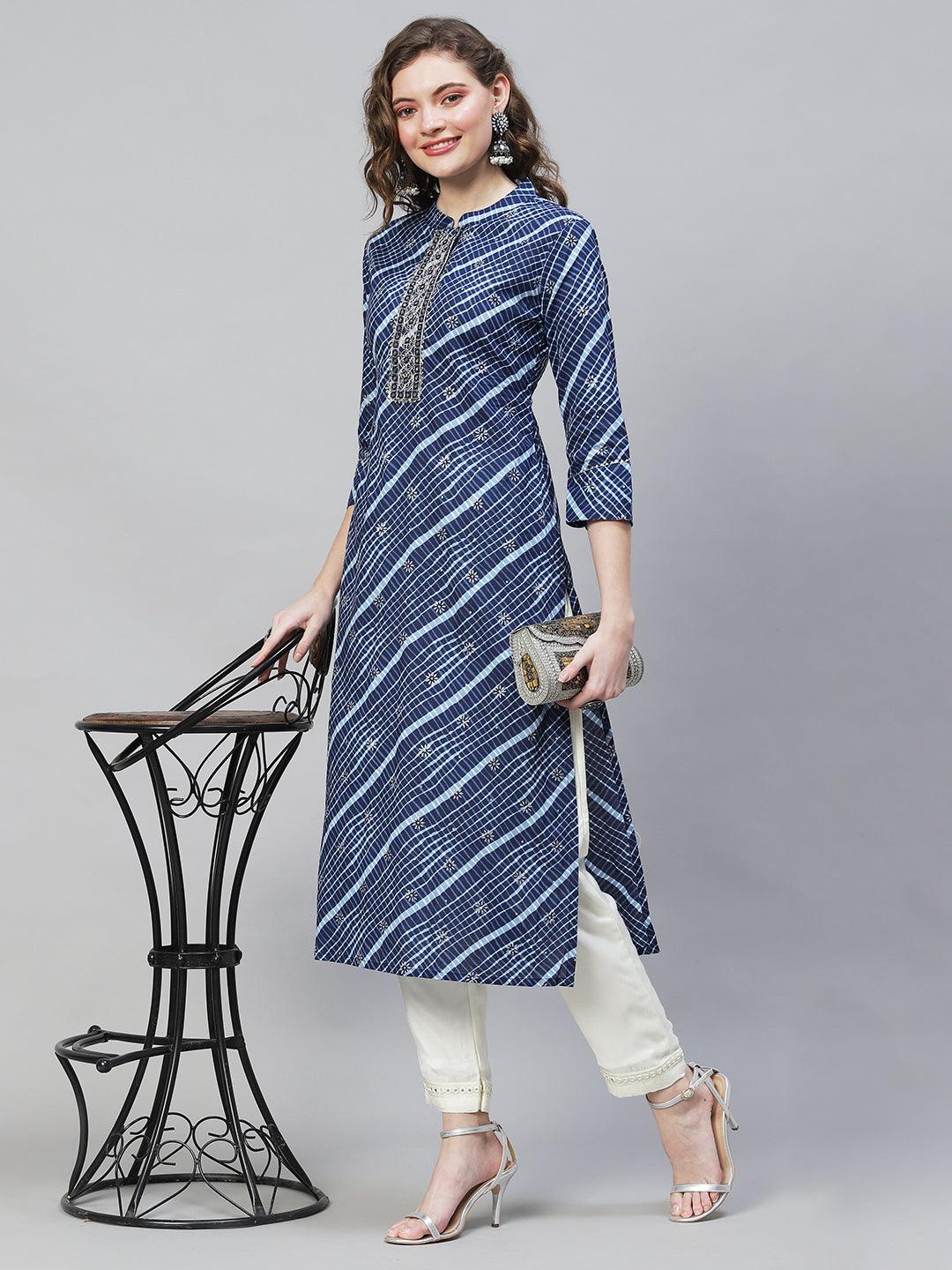 Ethnic Printed & Embroidered Straight Fit Kurta - Dark Blue - Indiakreations