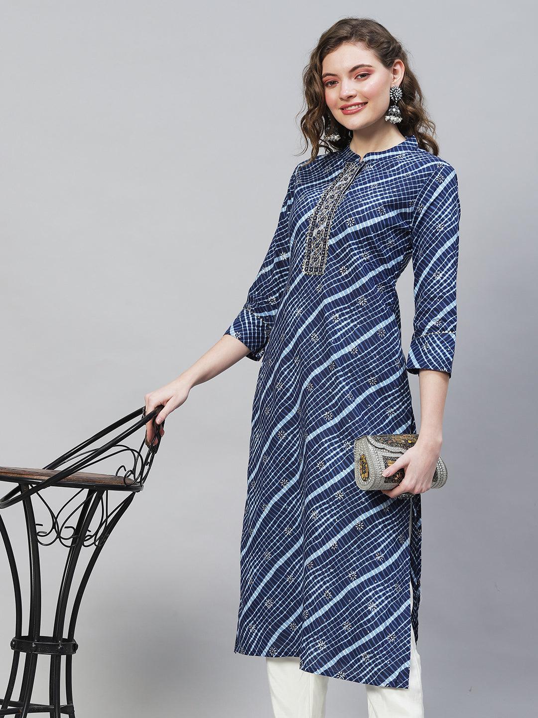 Ethnic Printed & Embroidered Straight Fit Kurta - Dark Blue - Indiakreations