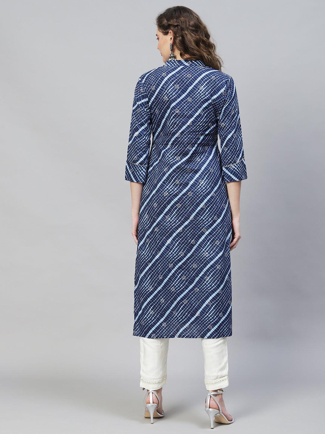 Ethnic Printed & Embroidered Straight Fit Kurta - Dark Blue - Indiakreations