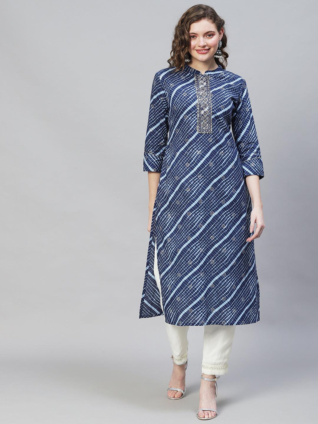 Ethnic Printed & Embroidered Straight Fit Kurta - Dark Blue - Indiakreations