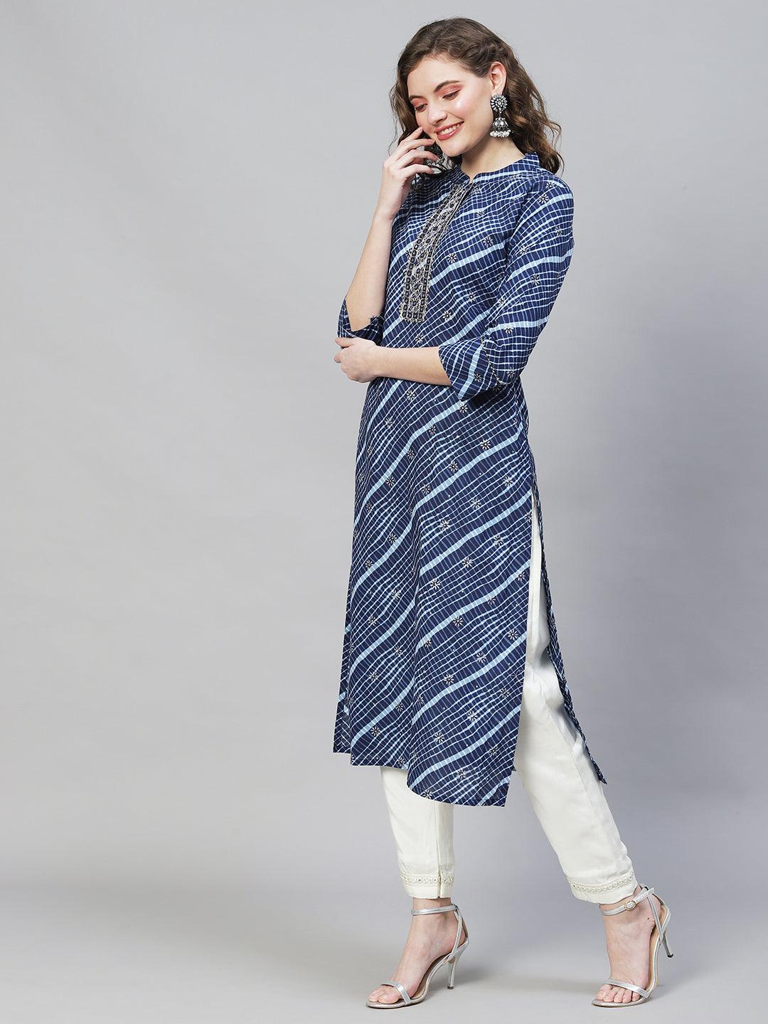 Ethnic Printed & Embroidered Straight Fit Kurta - Dark Blue - Indiakreations