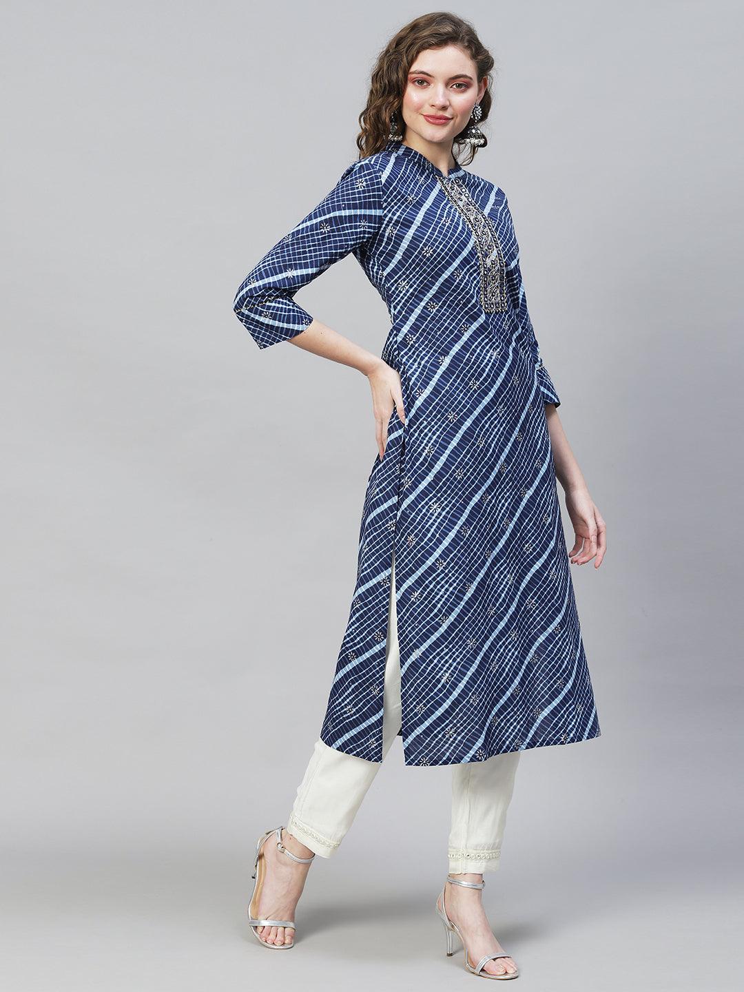 Ethnic Printed & Embroidered Straight Fit Kurta - Dark Blue - Indiakreations