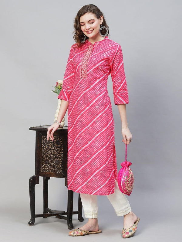 Ethnic Printed & Embroidered Straight Fit Kurta - Pink - Indiakreations