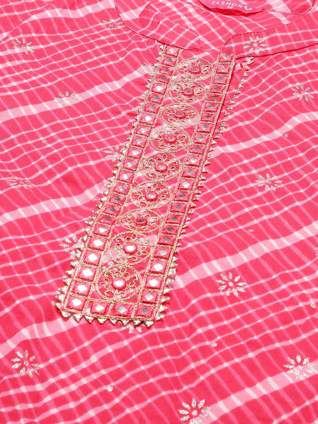 Ethnic Printed & Embroidered Straight Fit Kurta - Pink - Indiakreations