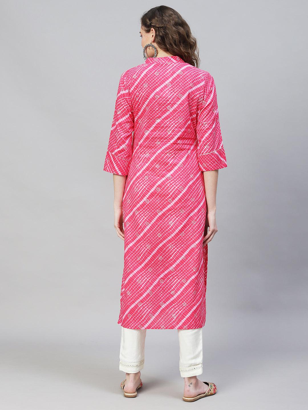 Ethnic Printed & Embroidered Straight Fit Kurta - Pink - Indiakreations