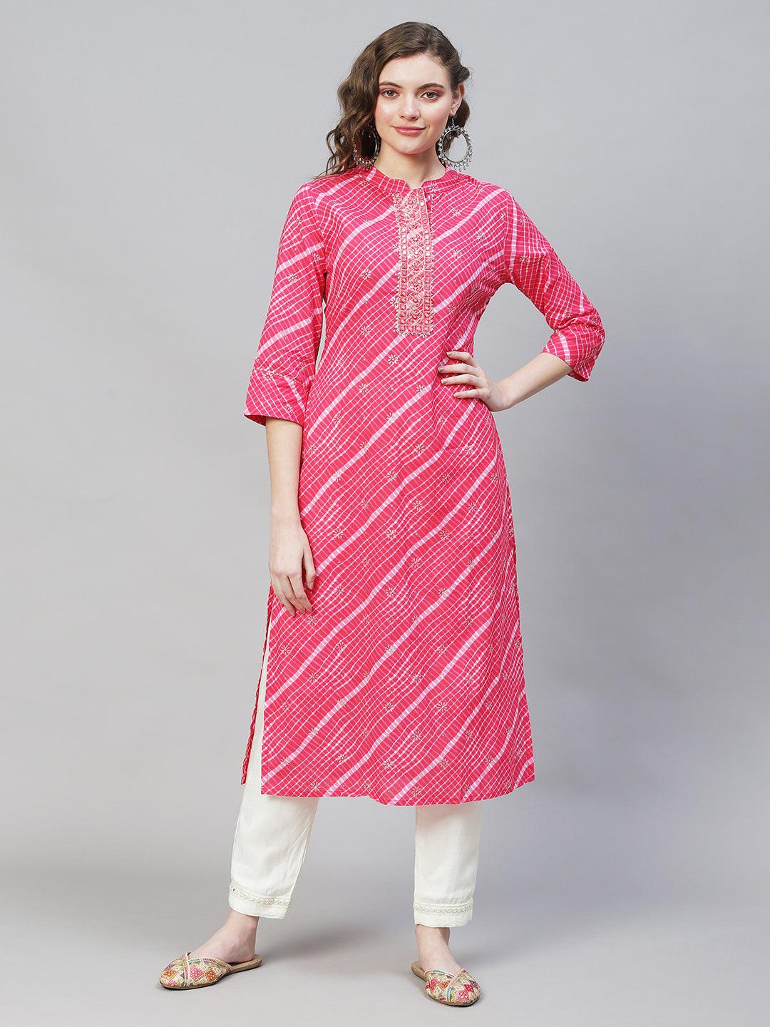 Ethnic Printed & Embroidered Straight Fit Kurta - Pink - Indiakreations