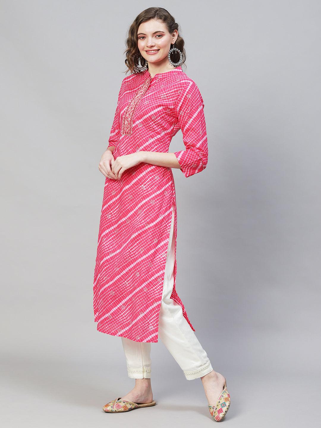 Ethnic Printed & Embroidered Straight Fit Kurta - Pink - Indiakreations