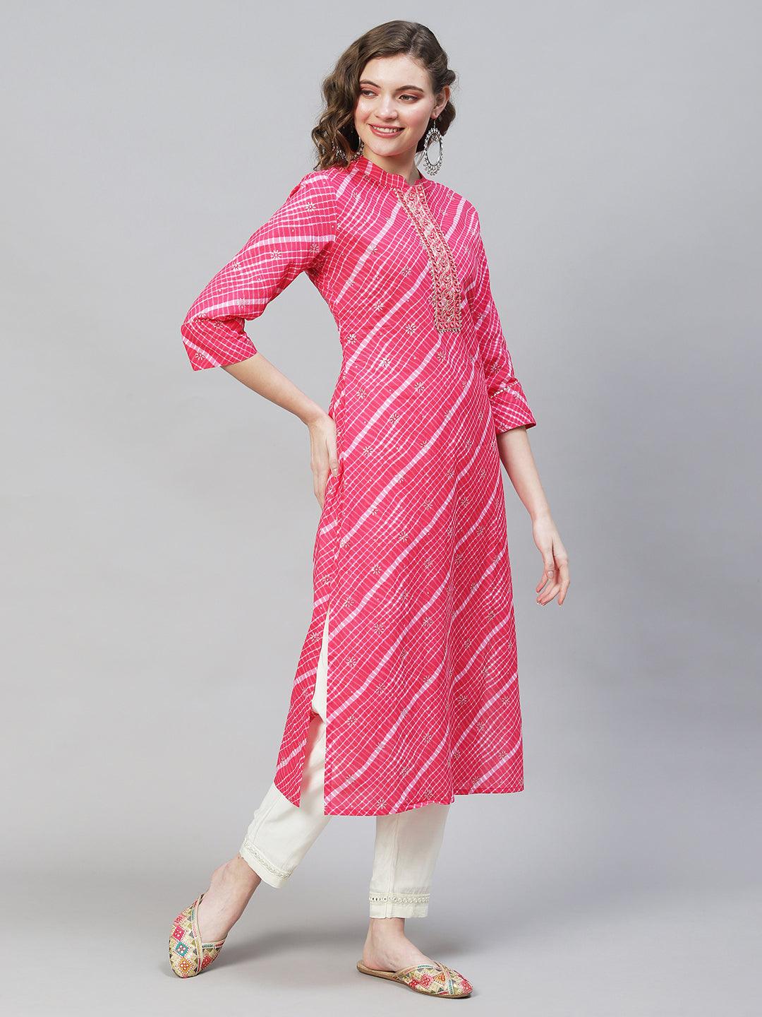 Ethnic Printed & Embroidered Straight Fit Kurta - Pink - Indiakreations