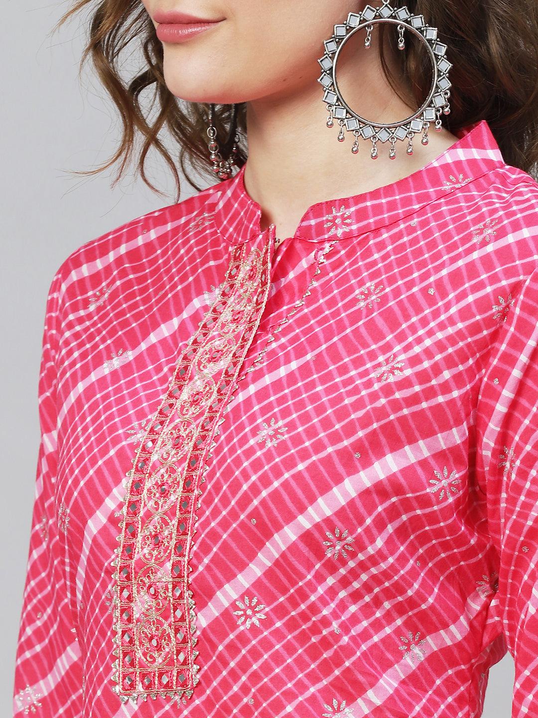 Ethnic Printed & Embroidered Straight Fit Kurta - Pink - Indiakreations