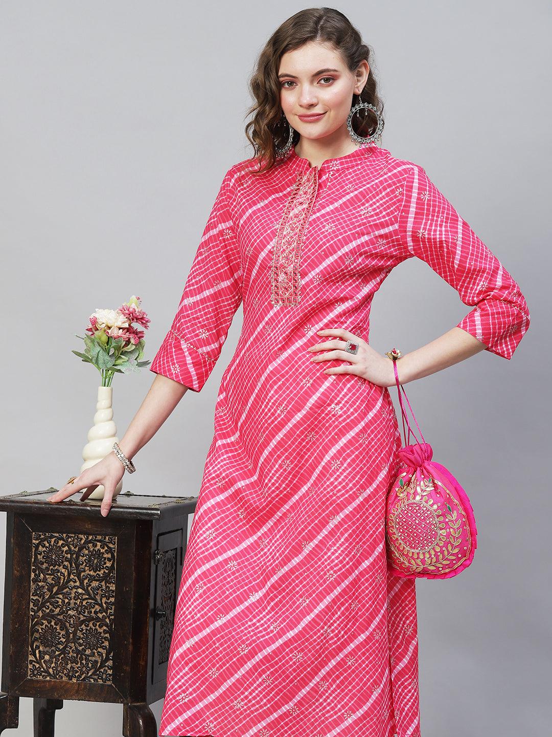 Ethnic Printed & Embroidered Straight Fit Kurta - Pink - Indiakreations