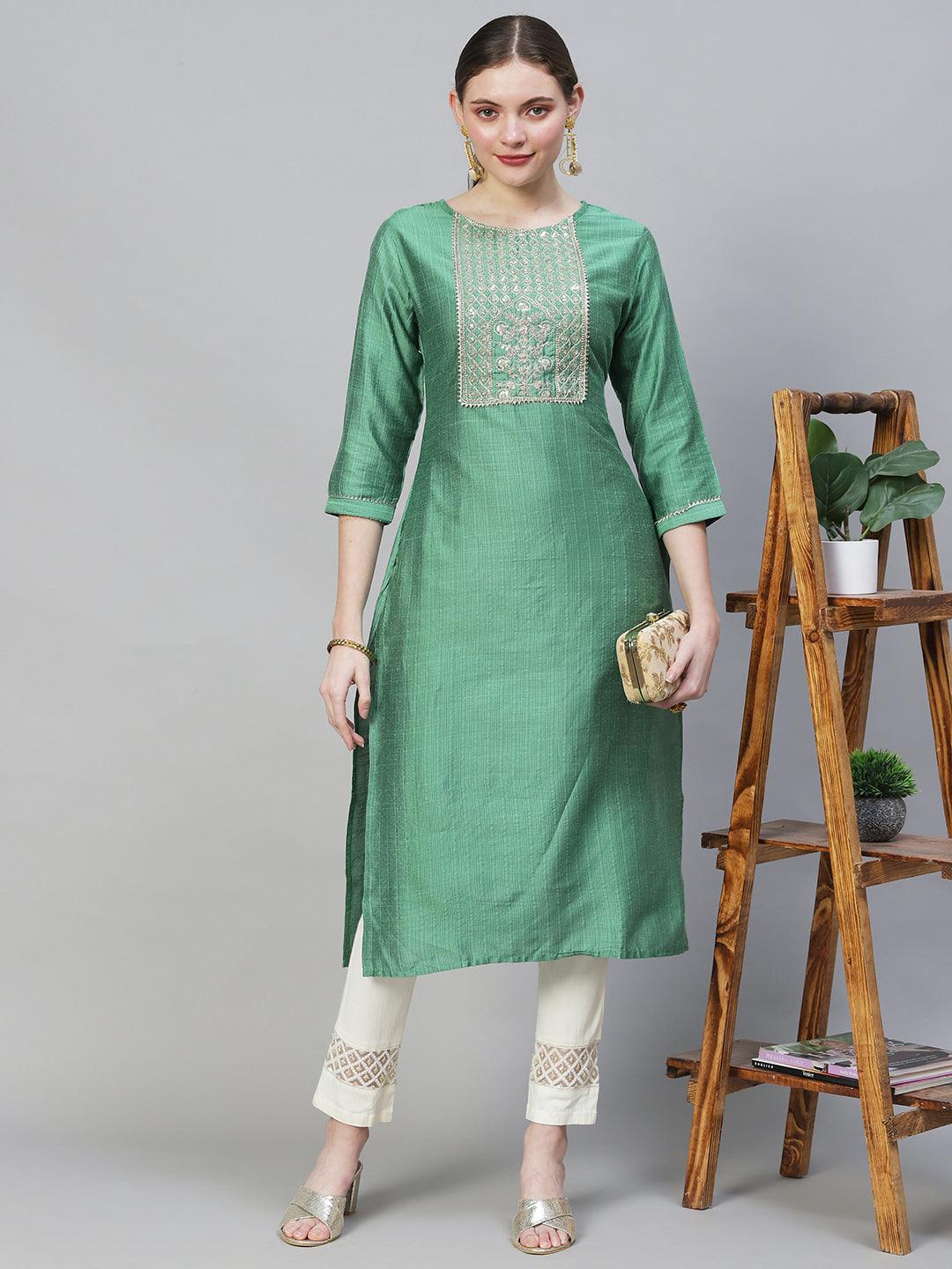 Woven Stripes & Embroidered Straight Fit Kurta – Green - Indiakreations