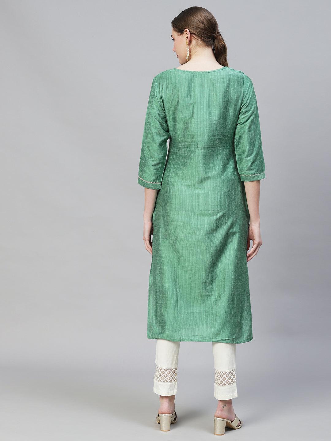 Woven Stripes & Embroidered Straight Fit Kurta – Green - Indiakreations