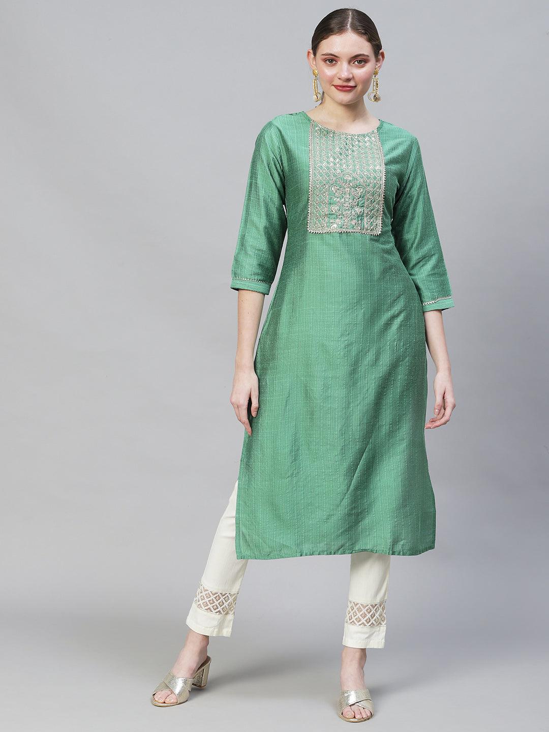 Woven Stripes & Embroidered Straight Fit Kurta – Green - Indiakreations