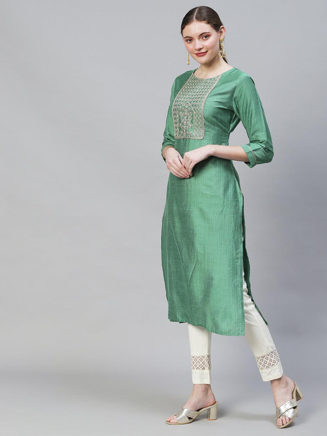 Woven Stripes & Embroidered Straight Fit Kurta – Green - Indiakreations