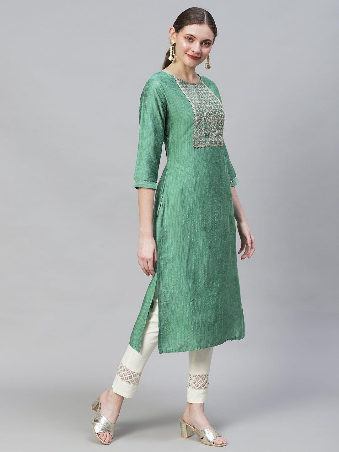 Woven Stripes & Embroidered Straight Fit Kurta – Green - Indiakreations