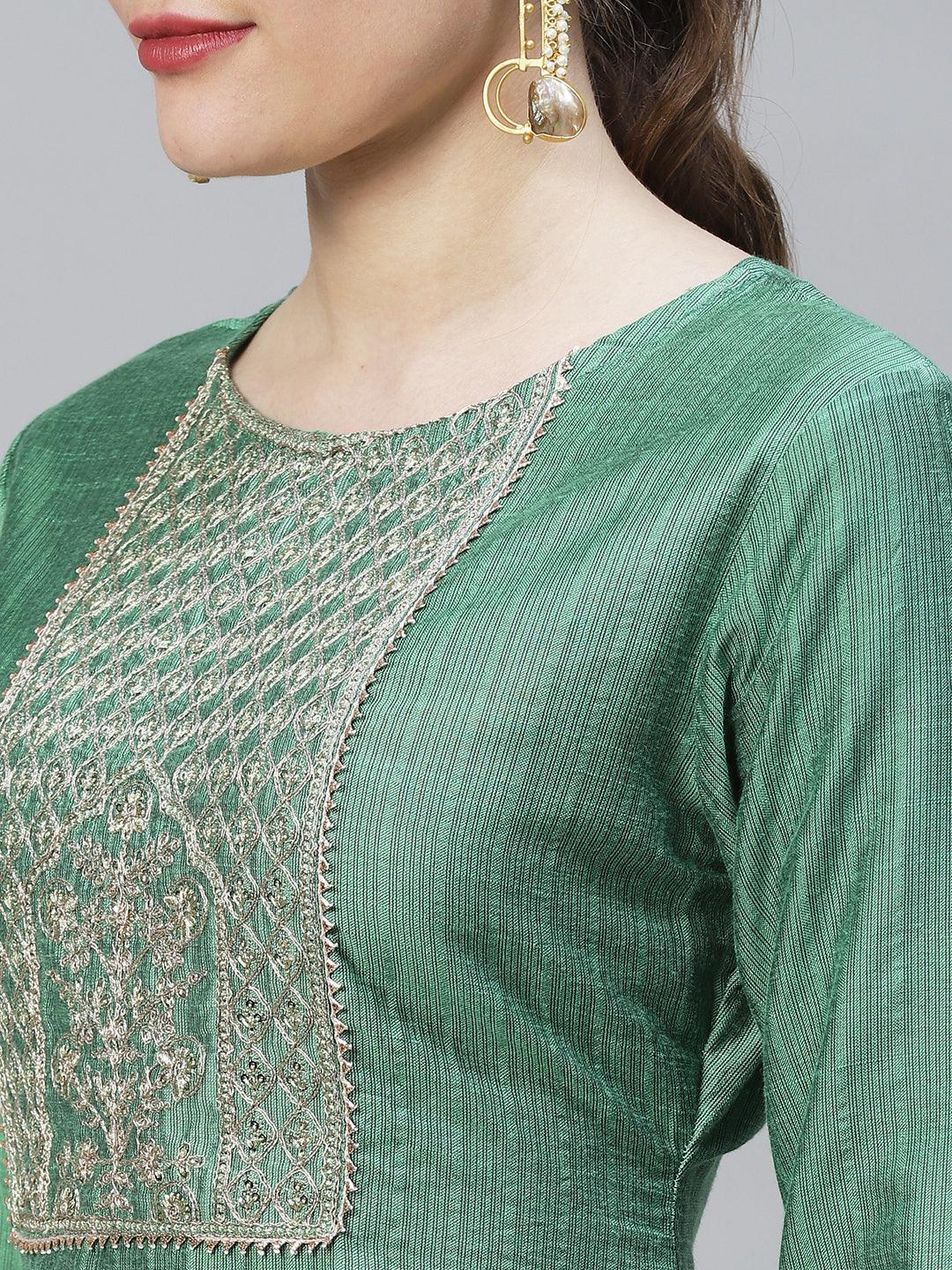 Woven Stripes & Embroidered Straight Fit Kurta – Green - Indiakreations