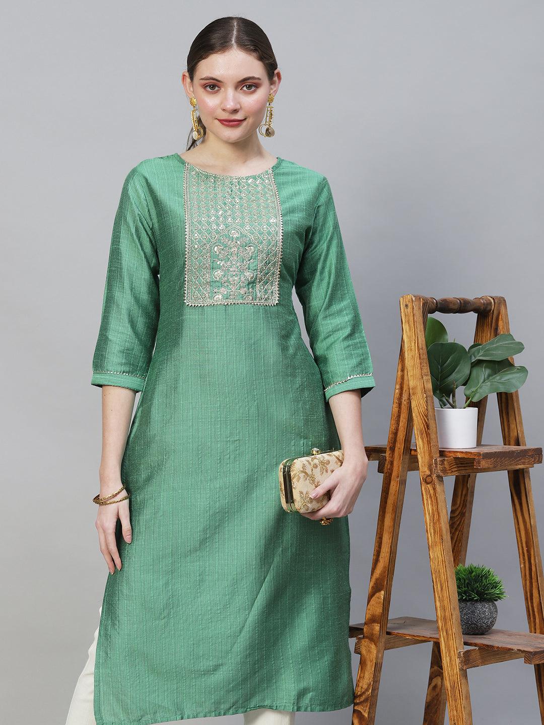 Woven Stripes & Embroidered Straight Fit Kurta – Green - Indiakreations