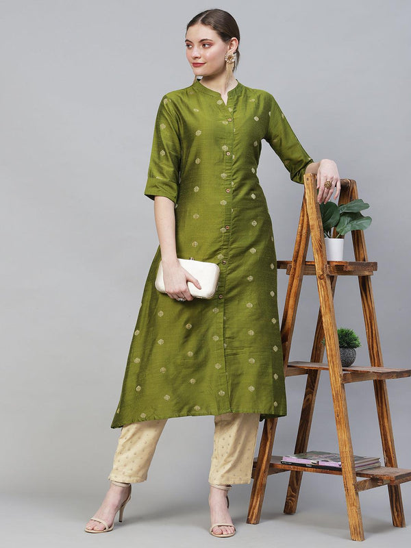 Ethnic Woven A-Line Flare Kurta - Mehendi Green - Indiakreations