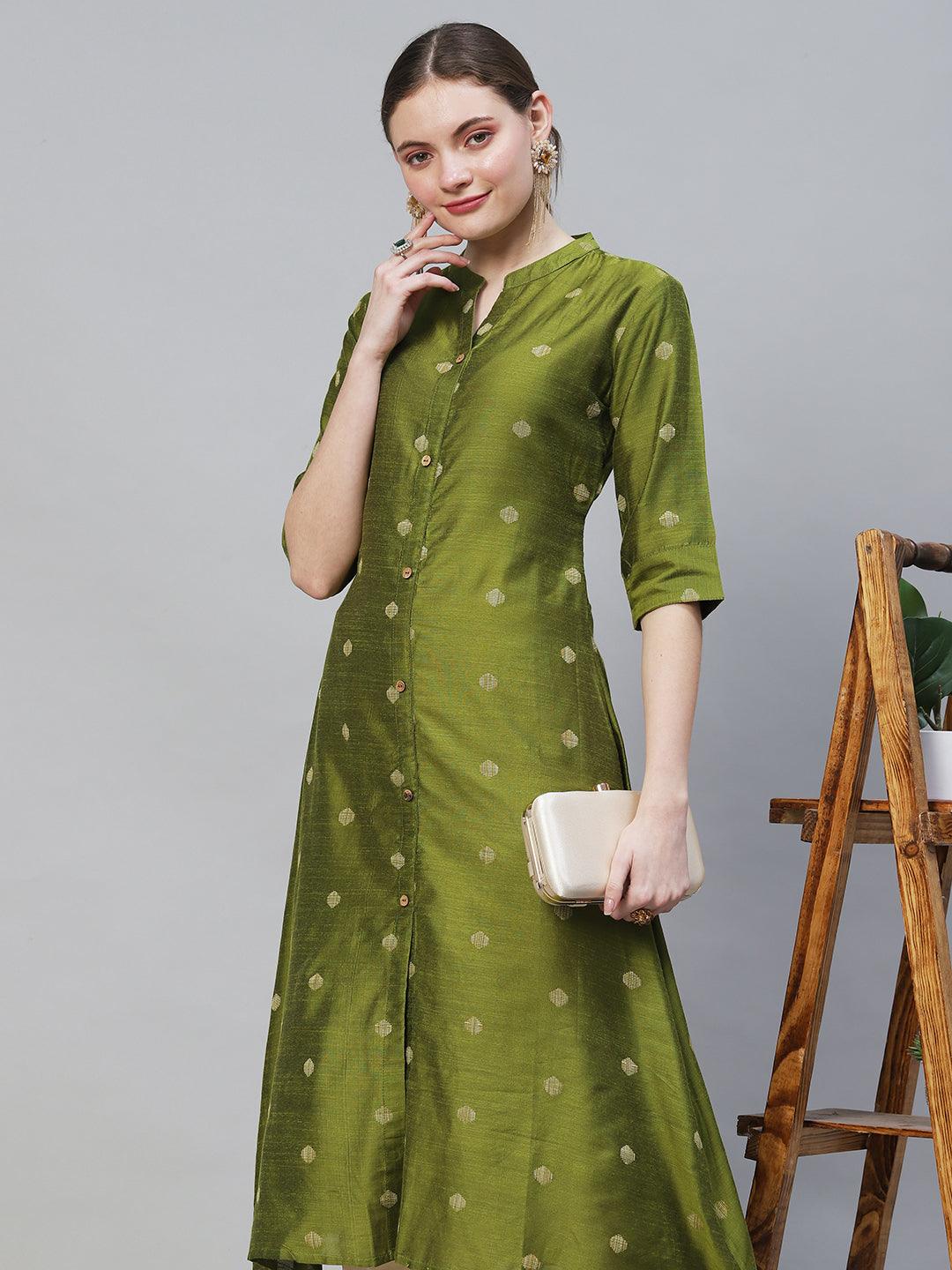 Ethnic Woven A-Line Flare Kurta - Mehendi Green - Indiakreations