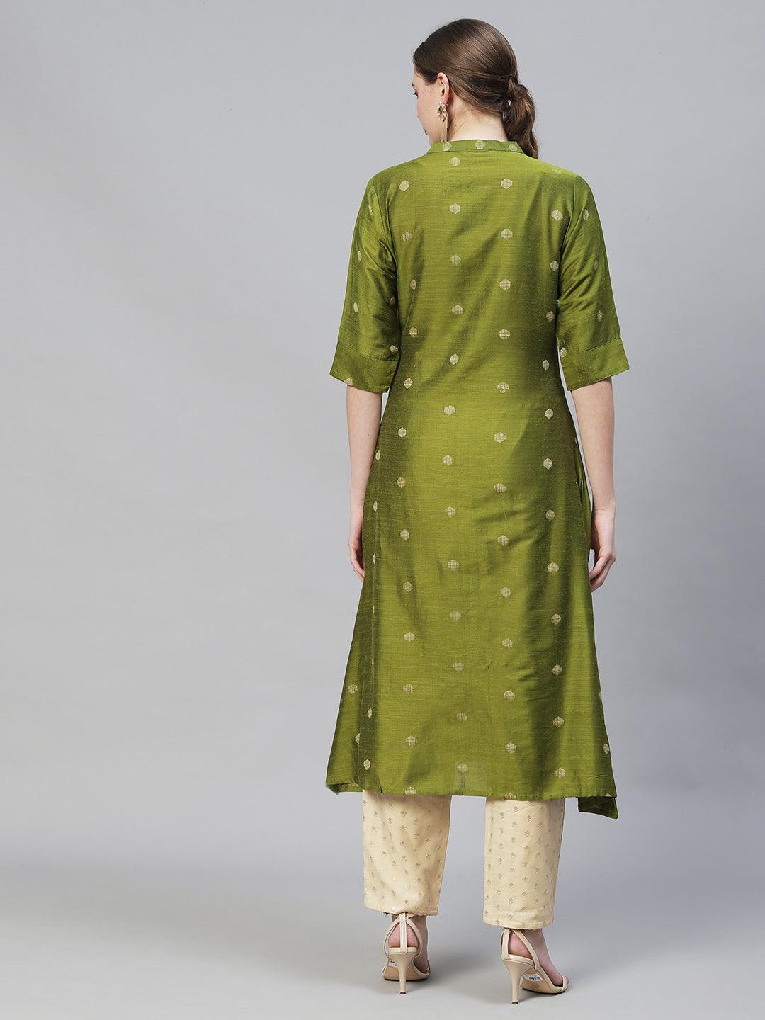 Ethnic Woven A-Line Flare Kurta - Mehendi Green - Indiakreations