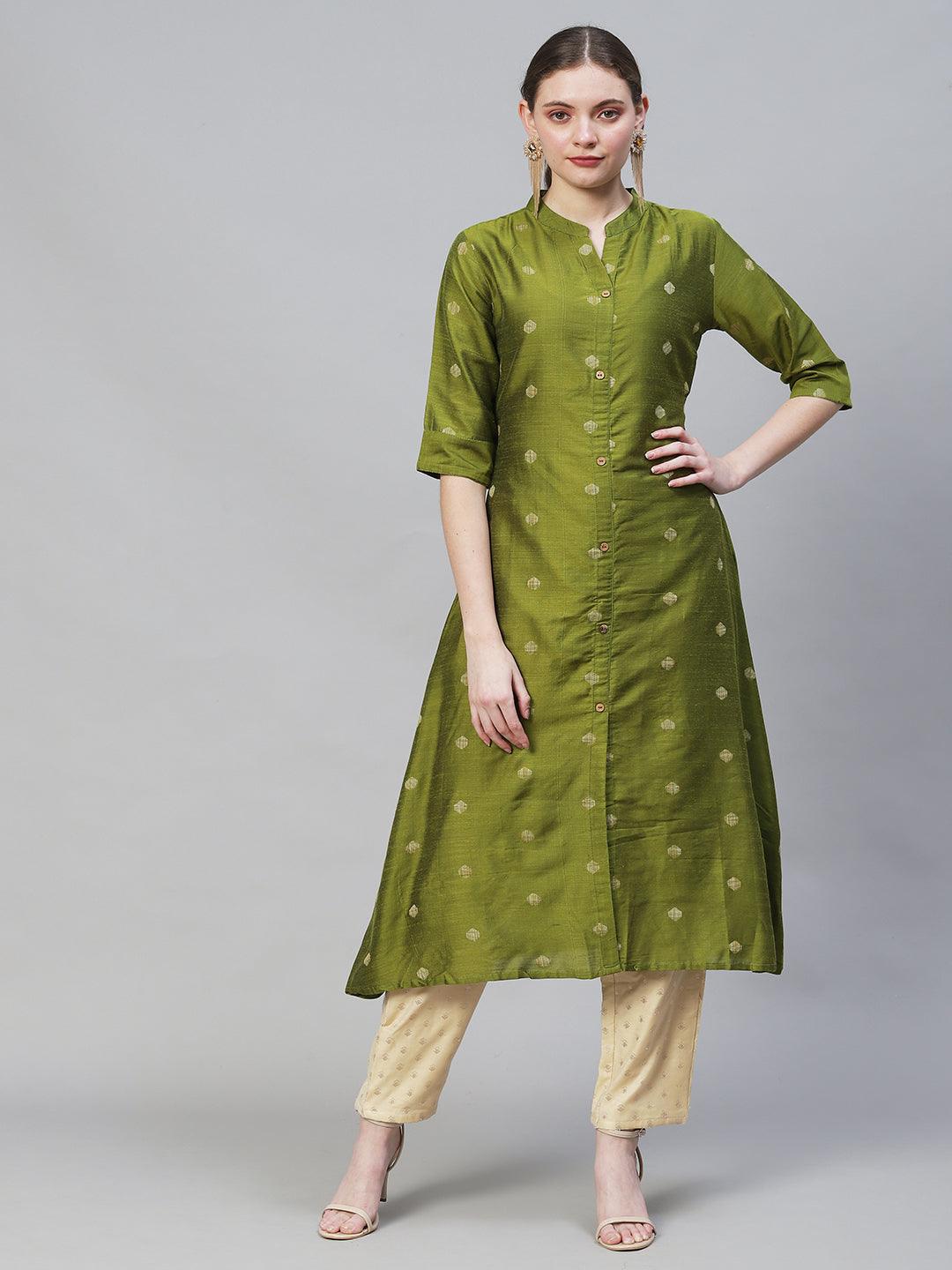 Ethnic Woven A-Line Flare Kurta - Mehendi Green - Indiakreations