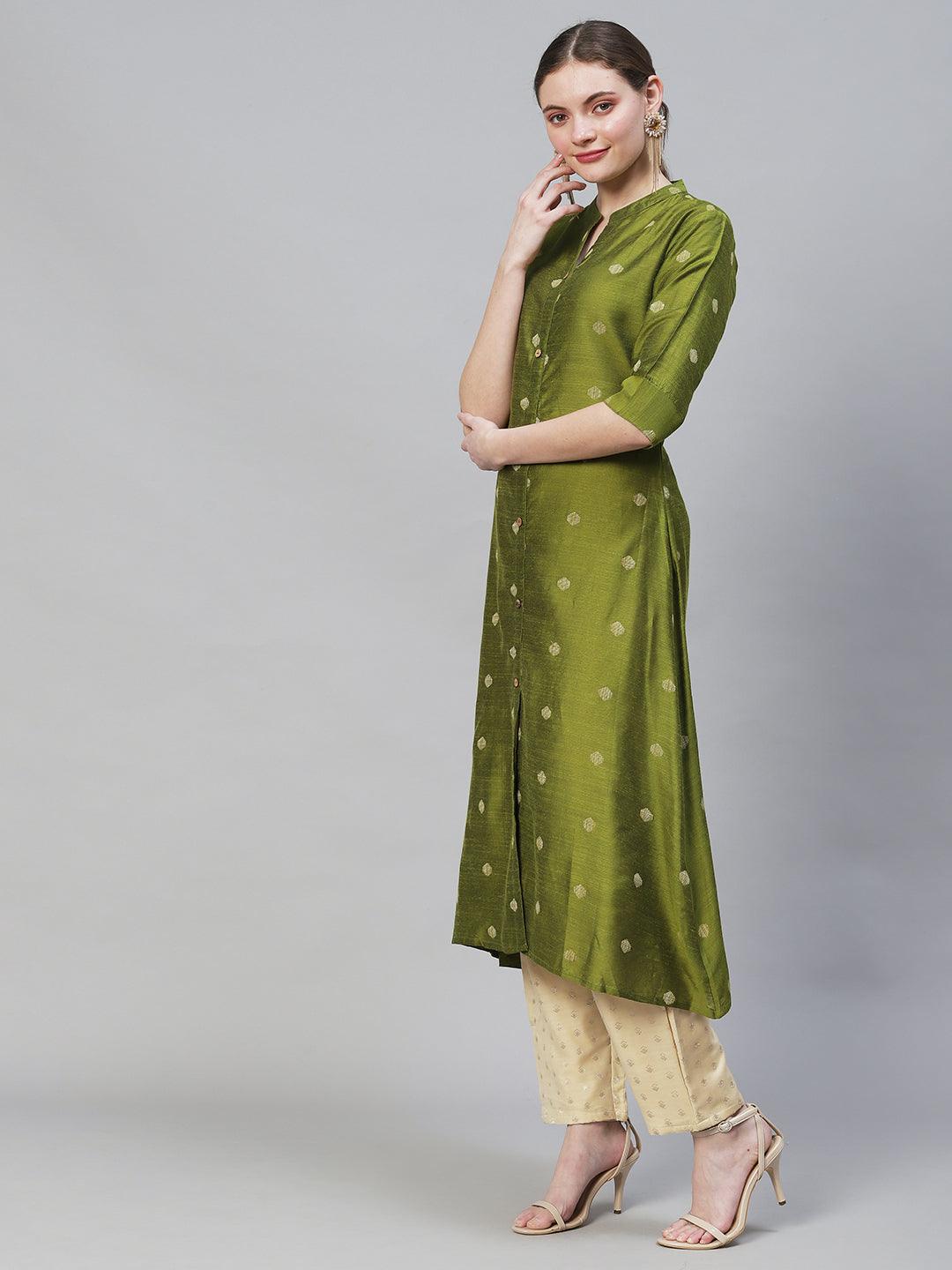 Ethnic Woven A-Line Flare Kurta - Mehendi Green - Indiakreations