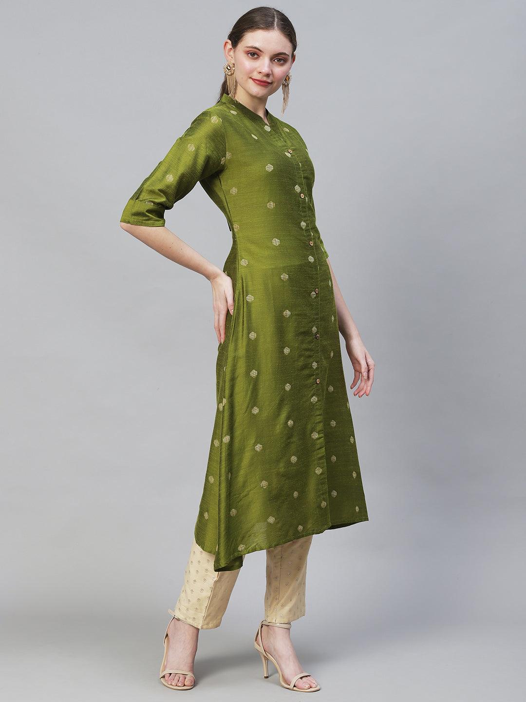 Ethnic Woven A-Line Flare Kurta - Mehendi Green - Indiakreations