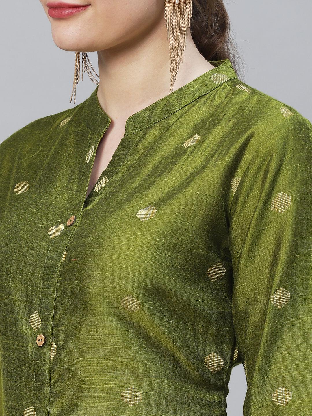 Ethnic Woven A-Line Flare Kurta - Mehendi Green - Indiakreations