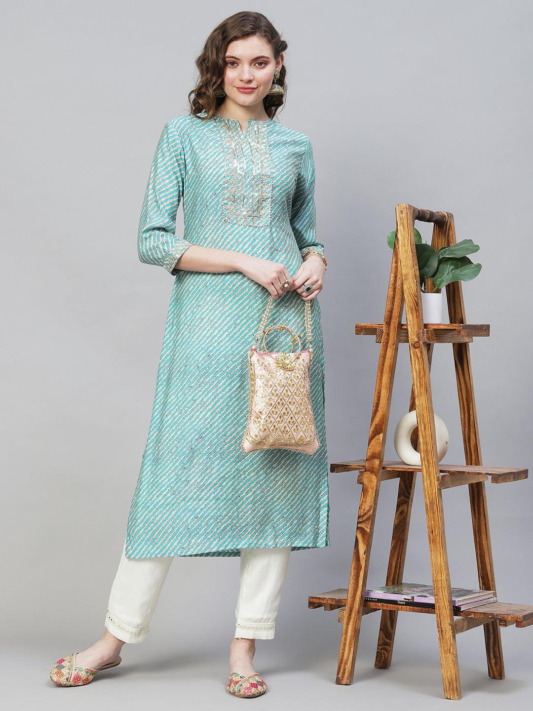 Leheriya Printed & Embroidered Straight Fit Kurta – Multi - Indiakreations