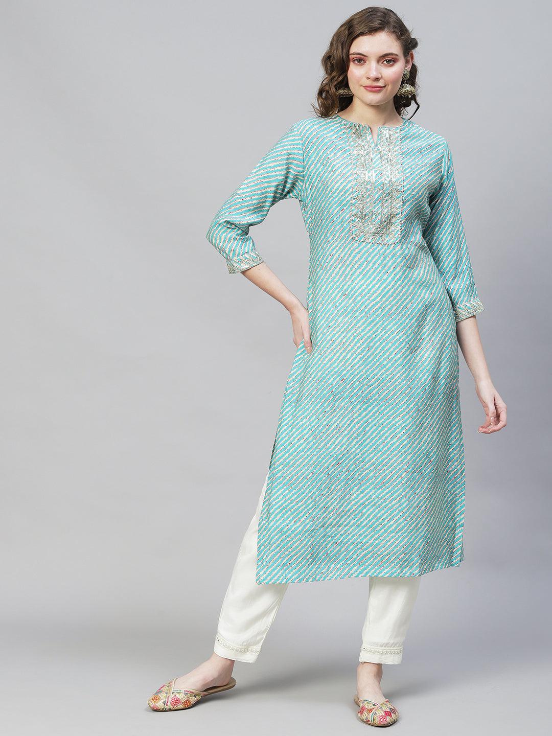 Leheriya Printed & Embroidered Straight Fit Kurta – Multi - Indiakreations