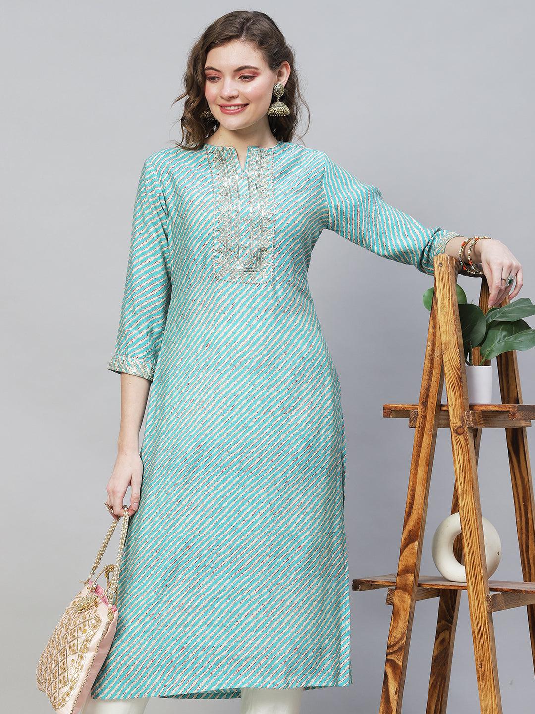 Leheriya Printed & Embroidered Straight Fit Kurta – Multi - Indiakreations