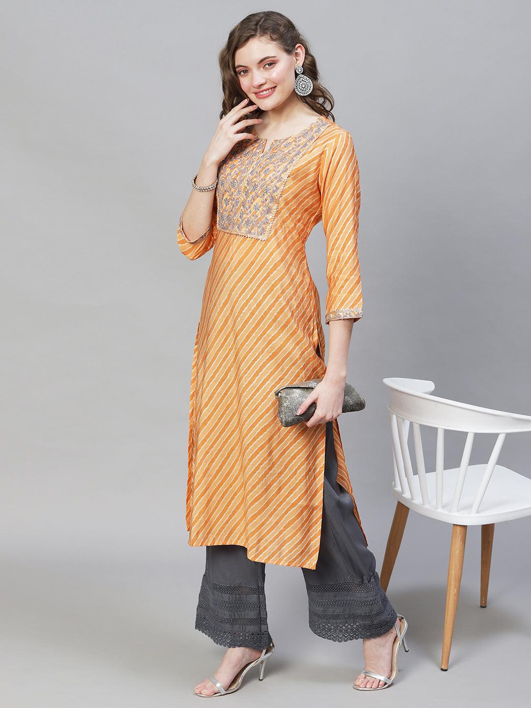 Leheriya Printed & Embroidered Straight Fit Kurta - Light Orange - Indiakreations