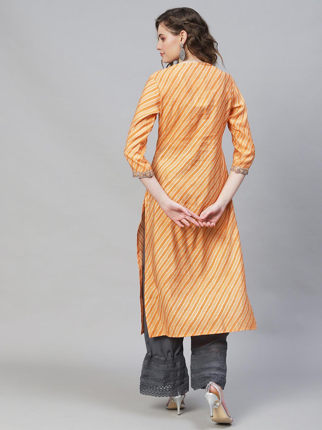 Leheriya Printed & Embroidered Straight Fit Kurta - Light Orange - Indiakreations