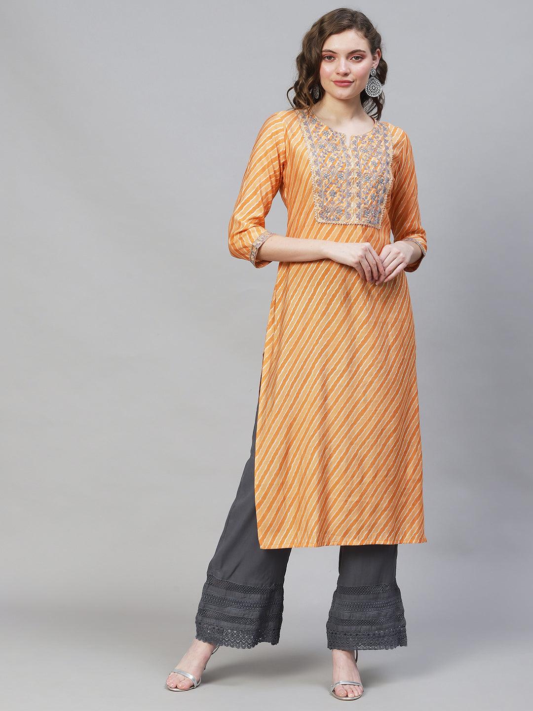 Leheriya Printed & Embroidered Straight Fit Kurta - Light Orange - Indiakreations