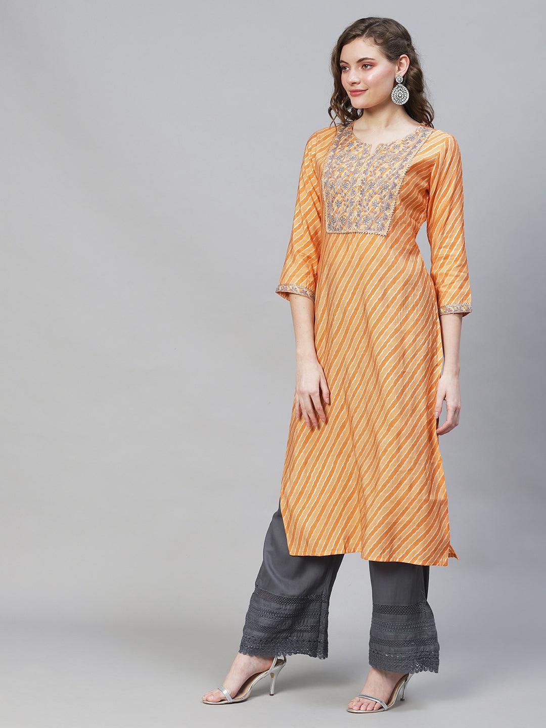 Leheriya Printed & Embroidered Straight Fit Kurta - Light Orange - Indiakreations