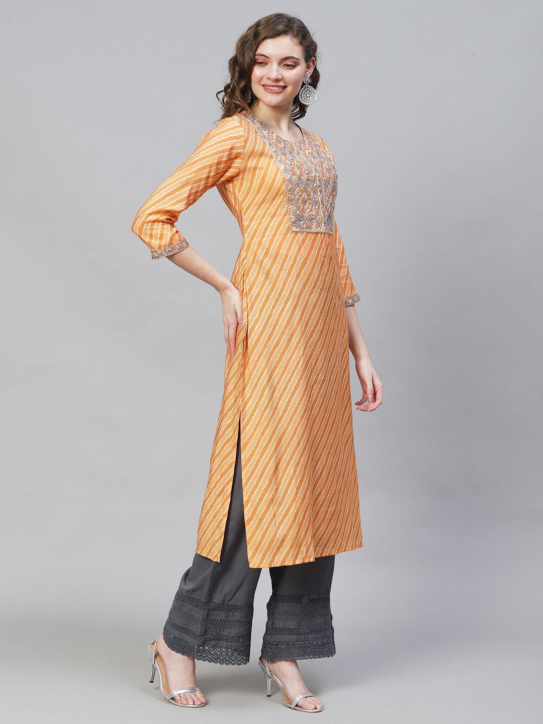 Leheriya Printed & Embroidered Straight Fit Kurta - Light Orange - Indiakreations