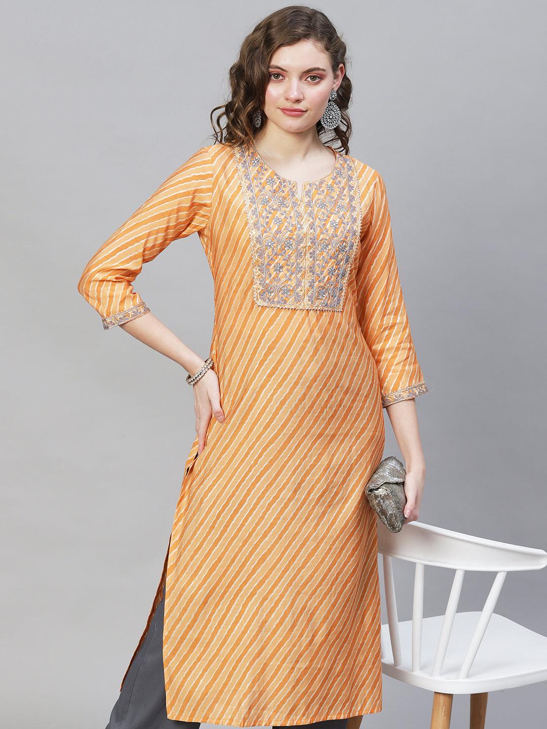 Leheriya Printed & Embroidered Straight Fit Kurta - Light Orange - Indiakreations