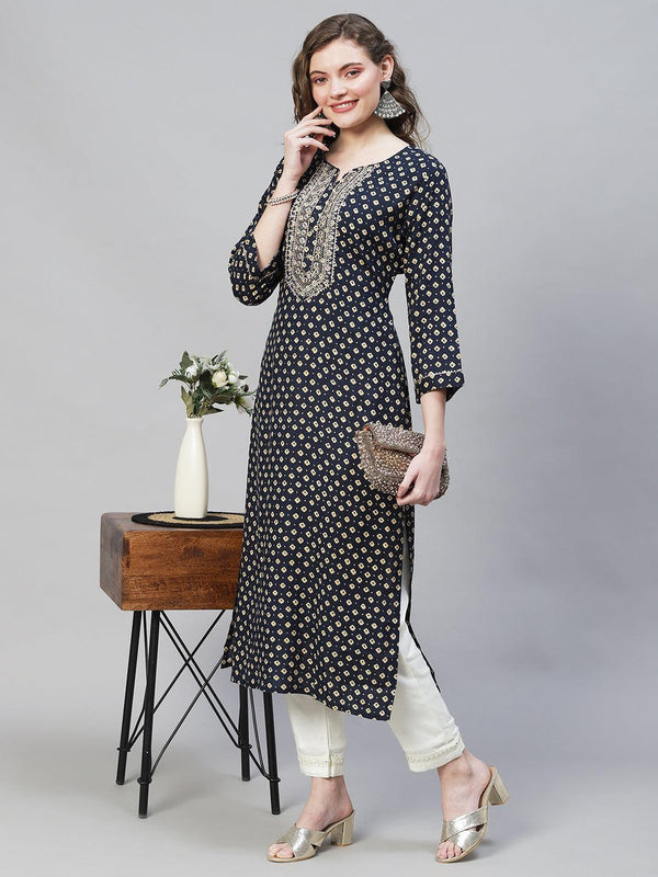 Bandhani Printed & Embroidered Straight Fit Kurta - Dark Blue - Indiakreations