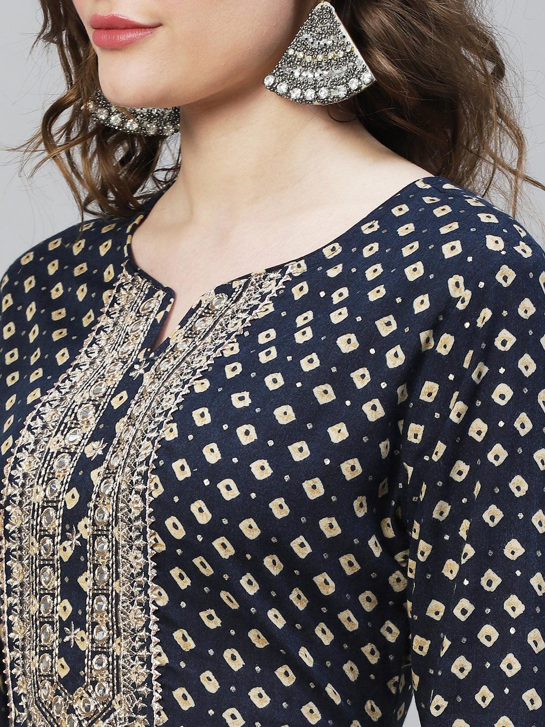 Bandhani Printed & Embroidered Straight Fit Kurta - Dark Blue - Indiakreations