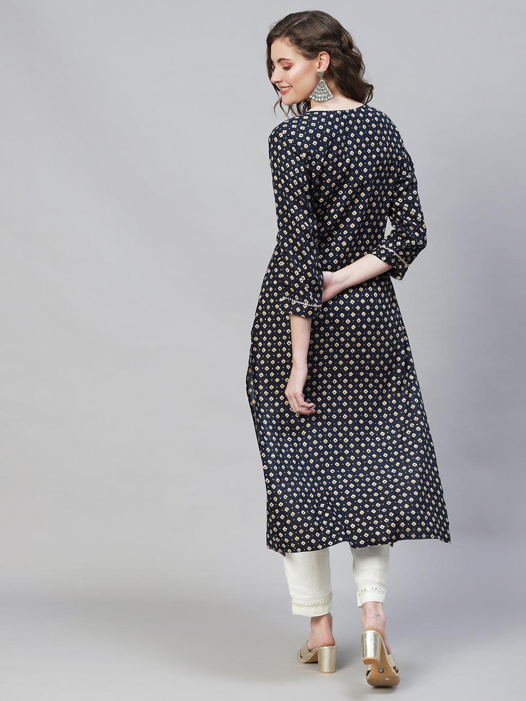 Bandhani Printed & Embroidered Straight Fit Kurta - Dark Blue - Indiakreations