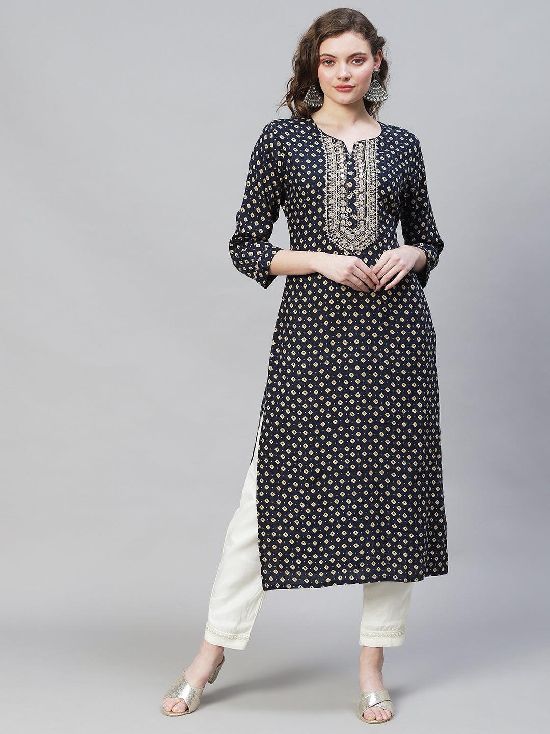 Bandhani Printed & Embroidered Straight Fit Kurta - Dark Blue - Indiakreations