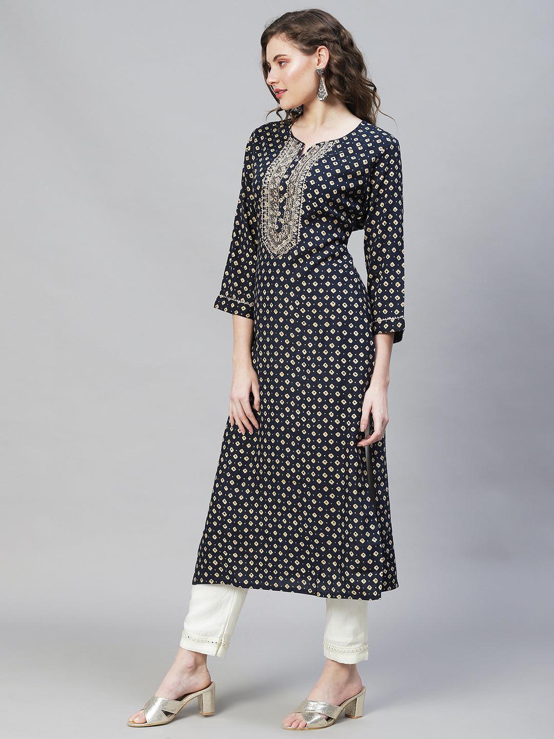 Bandhani Printed & Embroidered Straight Fit Kurta - Dark Blue - Indiakreations