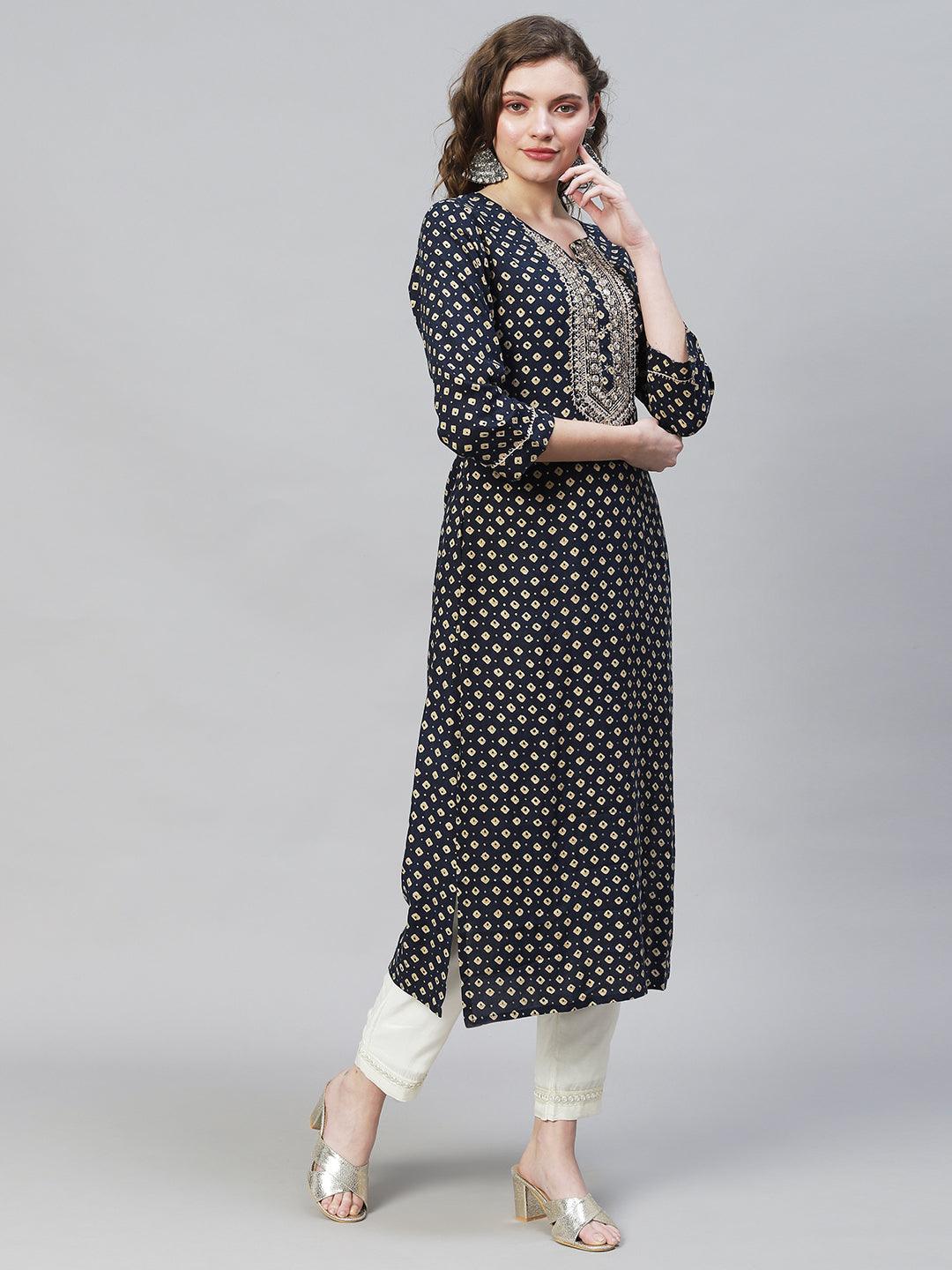 Bandhani Printed & Embroidered Straight Fit Kurta - Dark Blue - Indiakreations