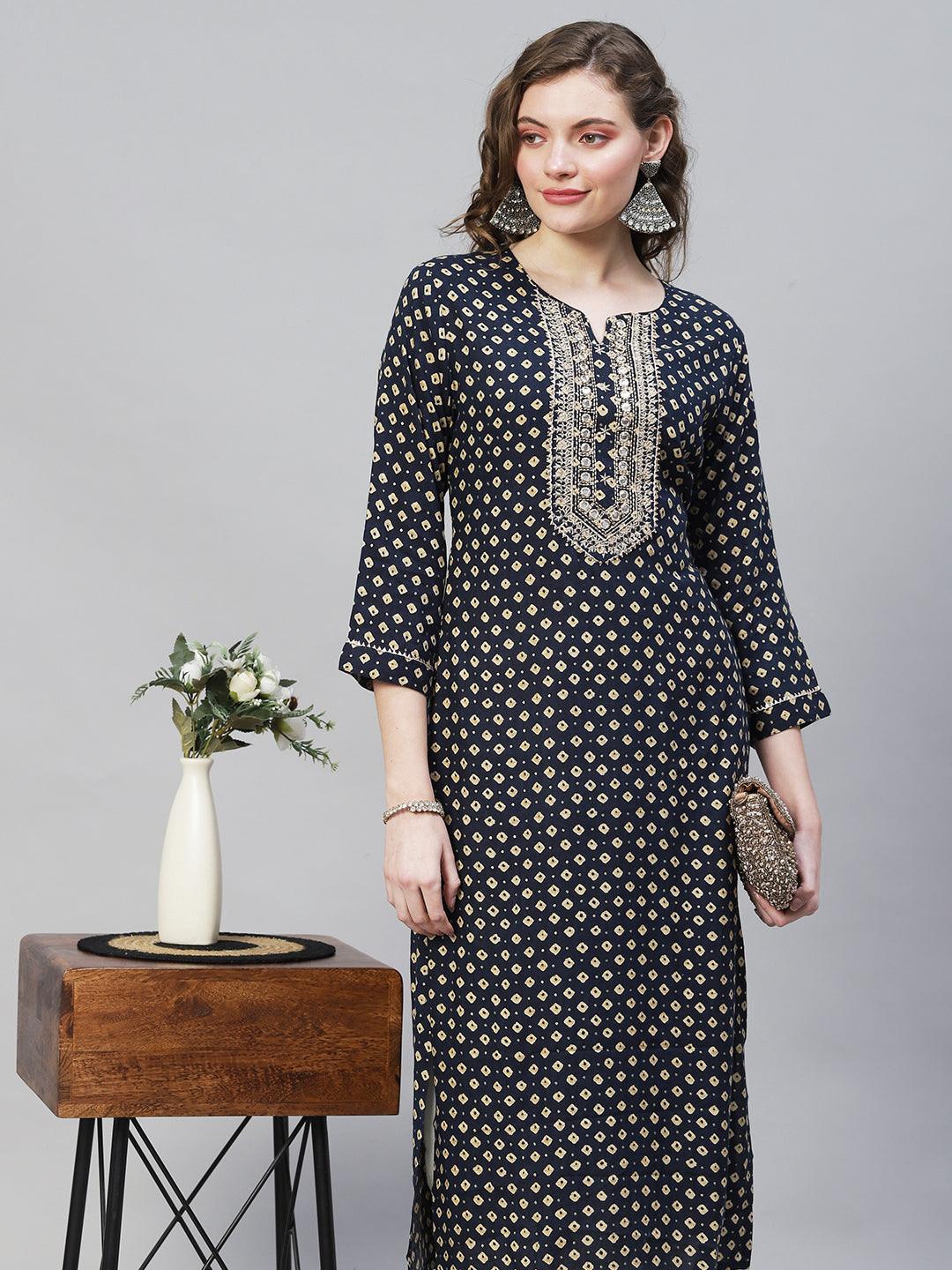 Bandhani Printed & Embroidered Straight Fit Kurta - Dark Blue - Indiakreations