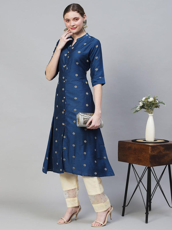 Ethnic Woven A-Line Kurta – Royal Blue - Indiakreations