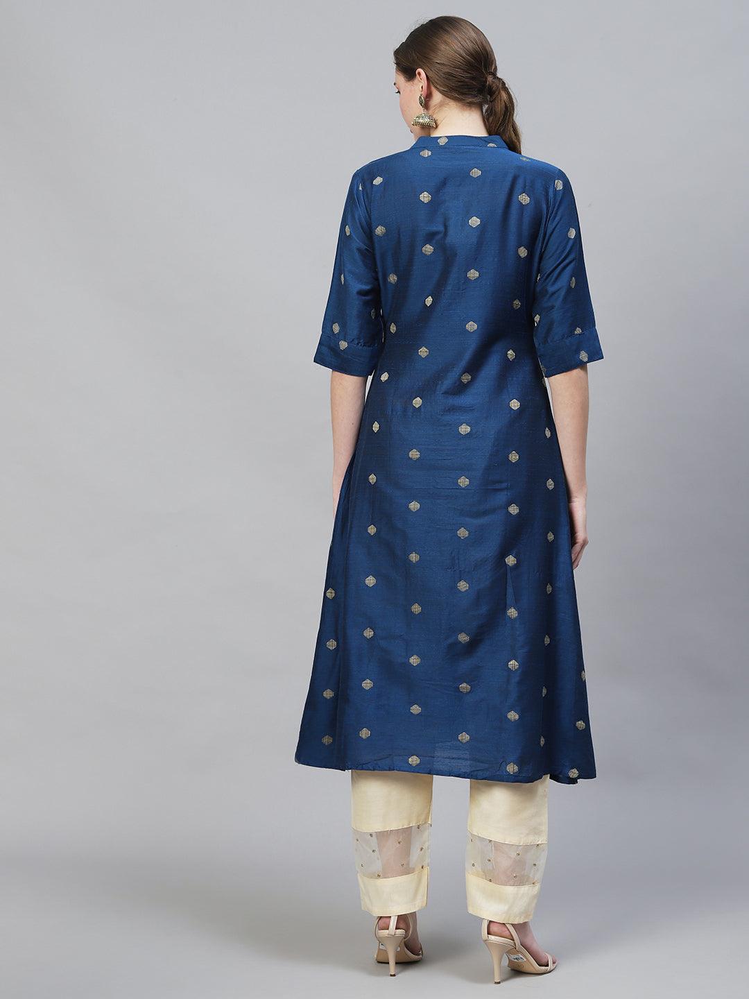 Ethnic Woven A-Line Kurta – Royal Blue - Indiakreations