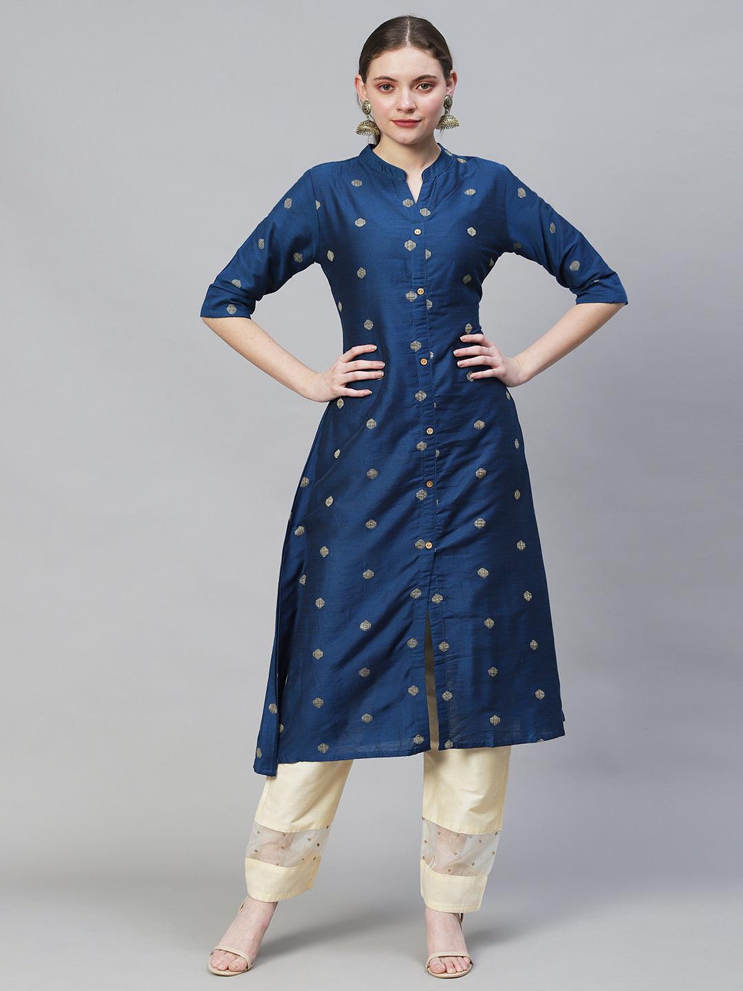 Ethnic Woven A-Line Kurta – Royal Blue - Indiakreations