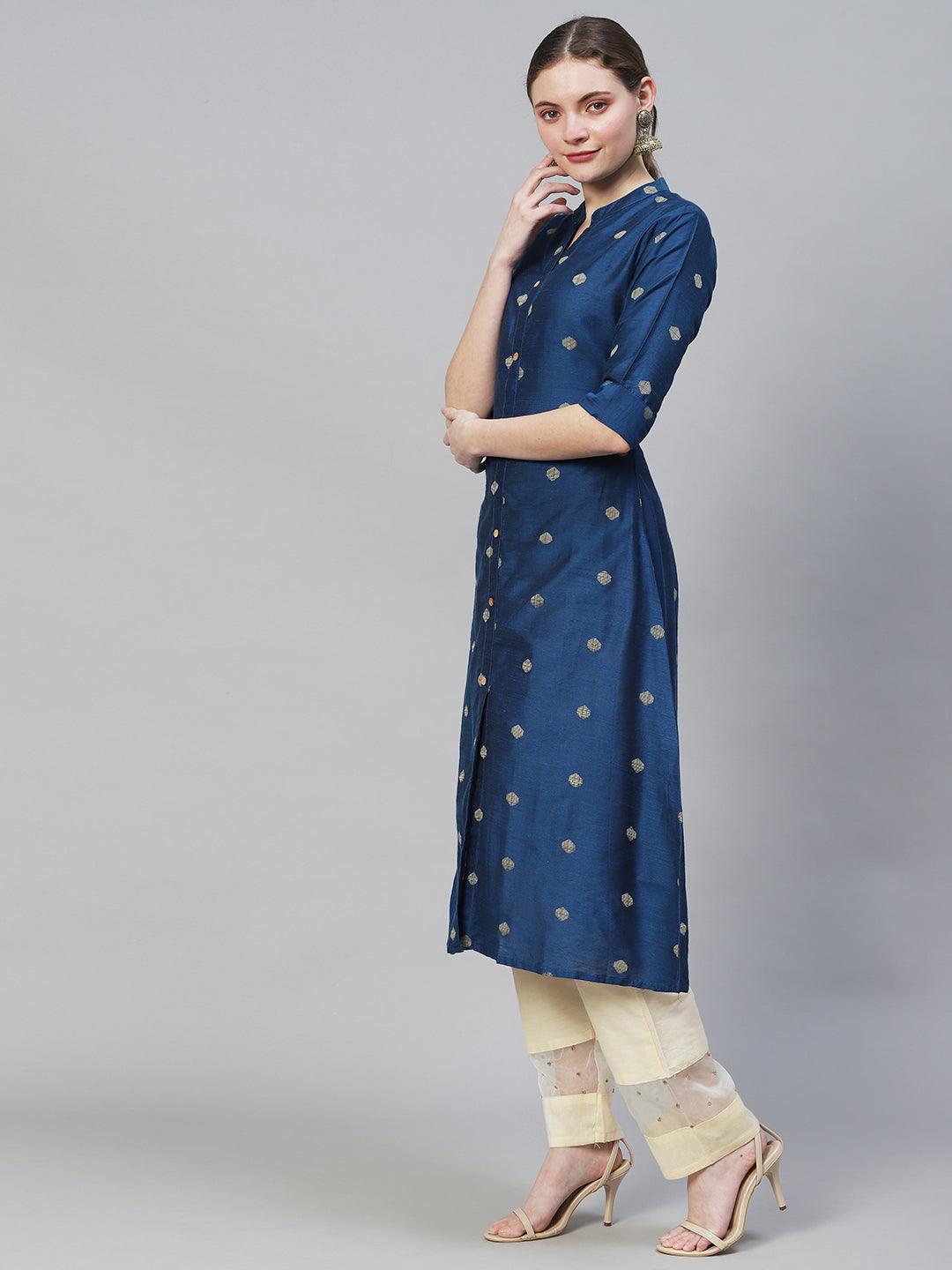 Ethnic Woven A-Line Kurta – Royal Blue - Indiakreations